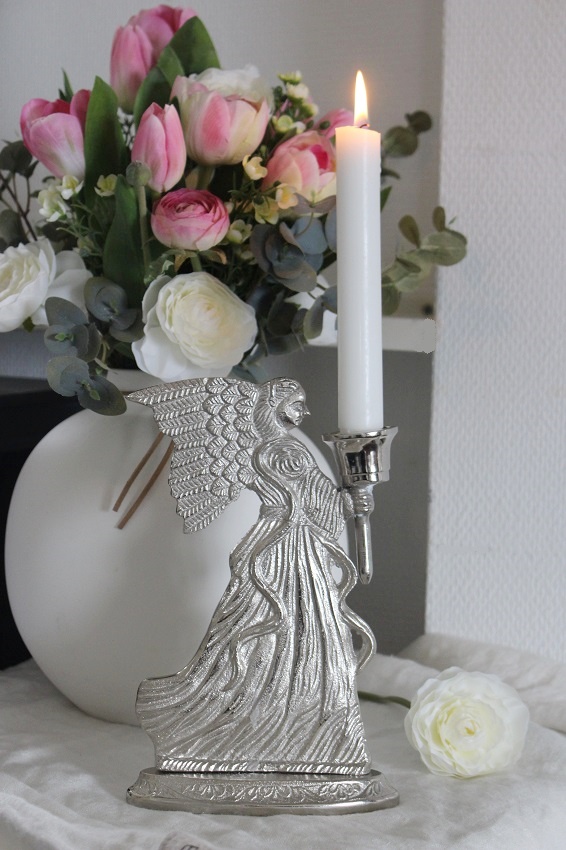 Ljusstake - Ljusbärare - Ängel - Antiksilver - 20 cm - 12