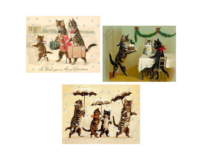 Dubbelt Kort Jul Vintage Cats/Katter med paraply - Mini Glitter - 12x9 cm - 2