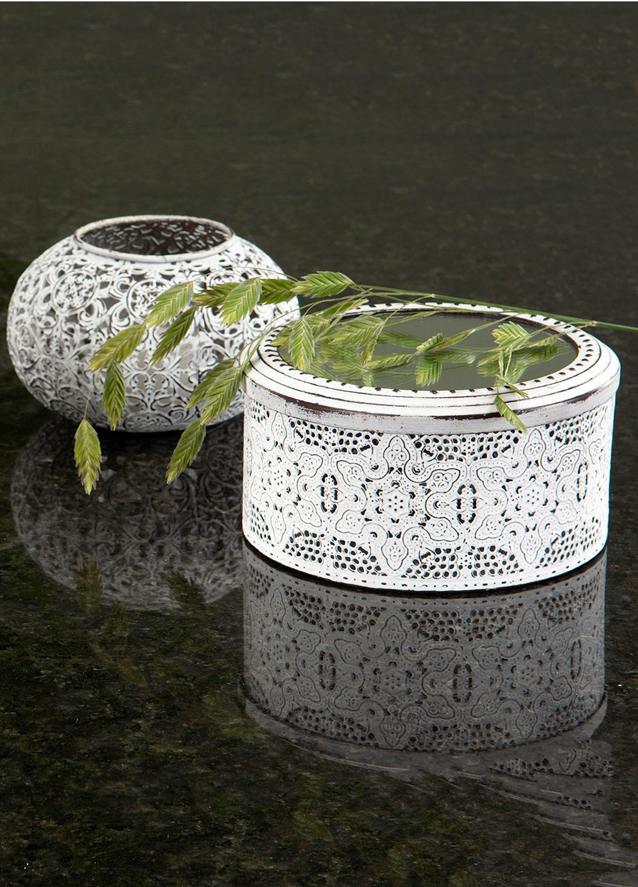 Bowl - Storage jar with mirror lid - Antique white