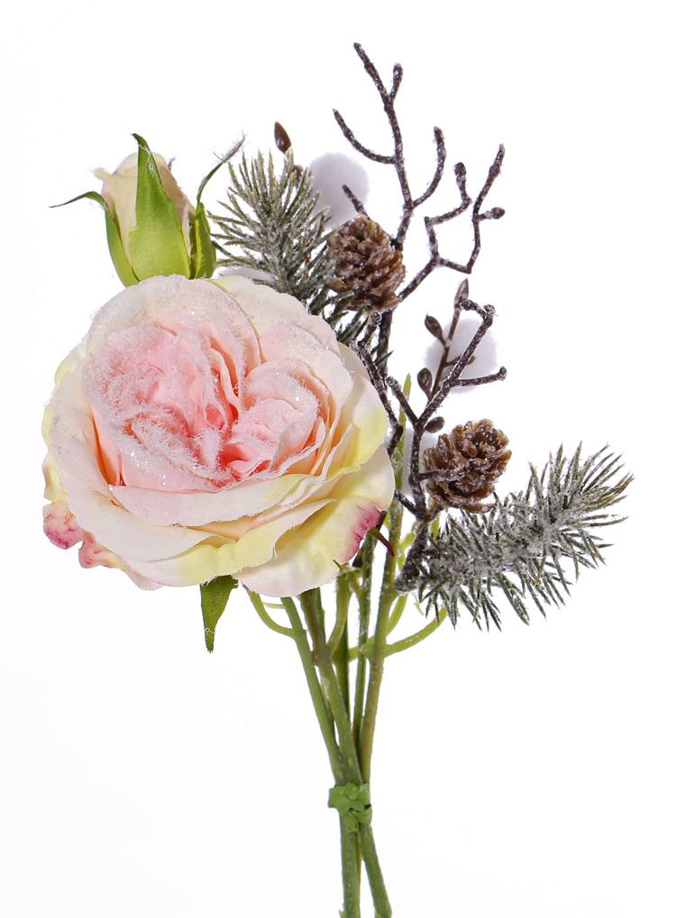 Bouquet with roses, pine cones, spruce twigs and pom poms - 28 cm - 2