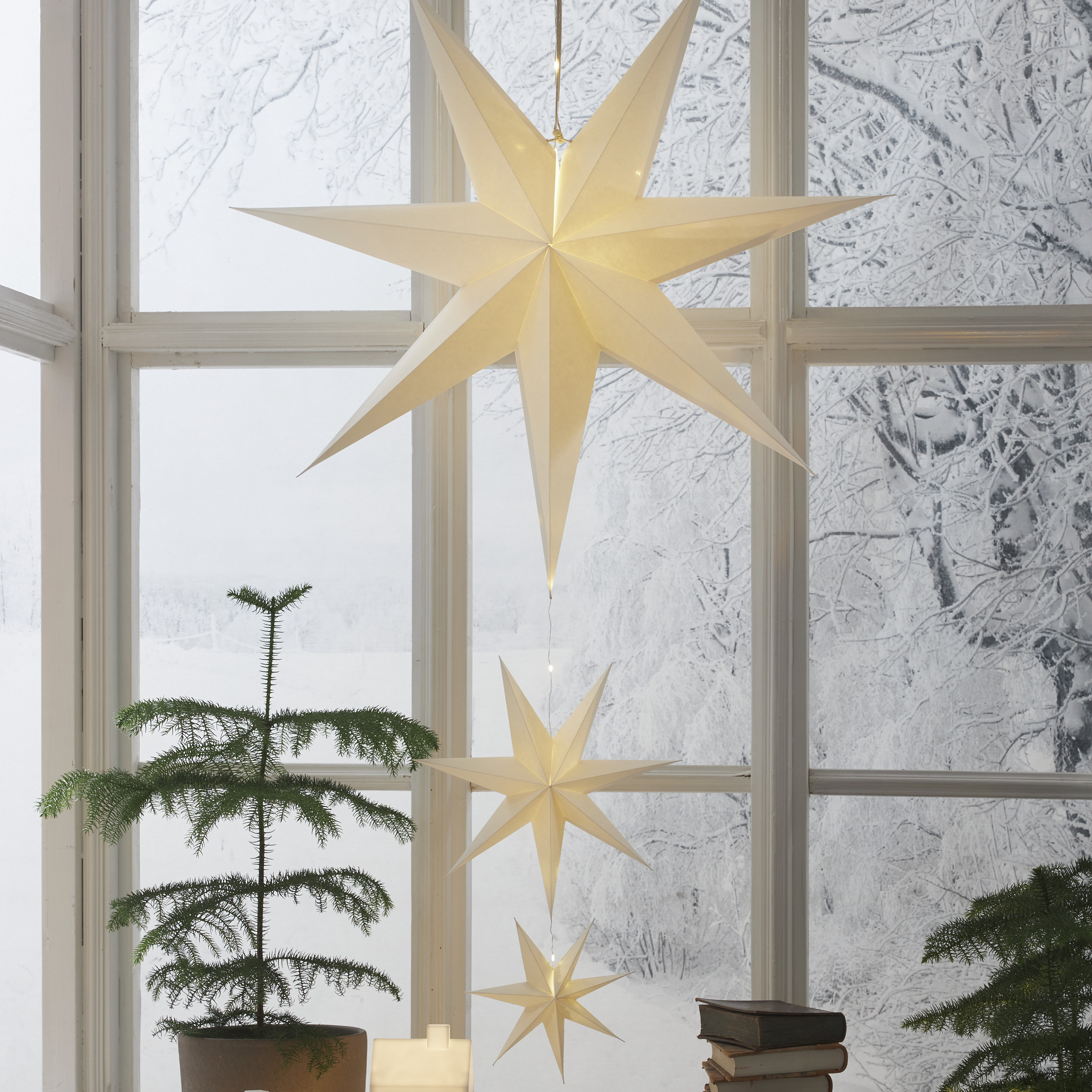 Star - Advent star - White - Triple - 3-set with timer - Battery operated