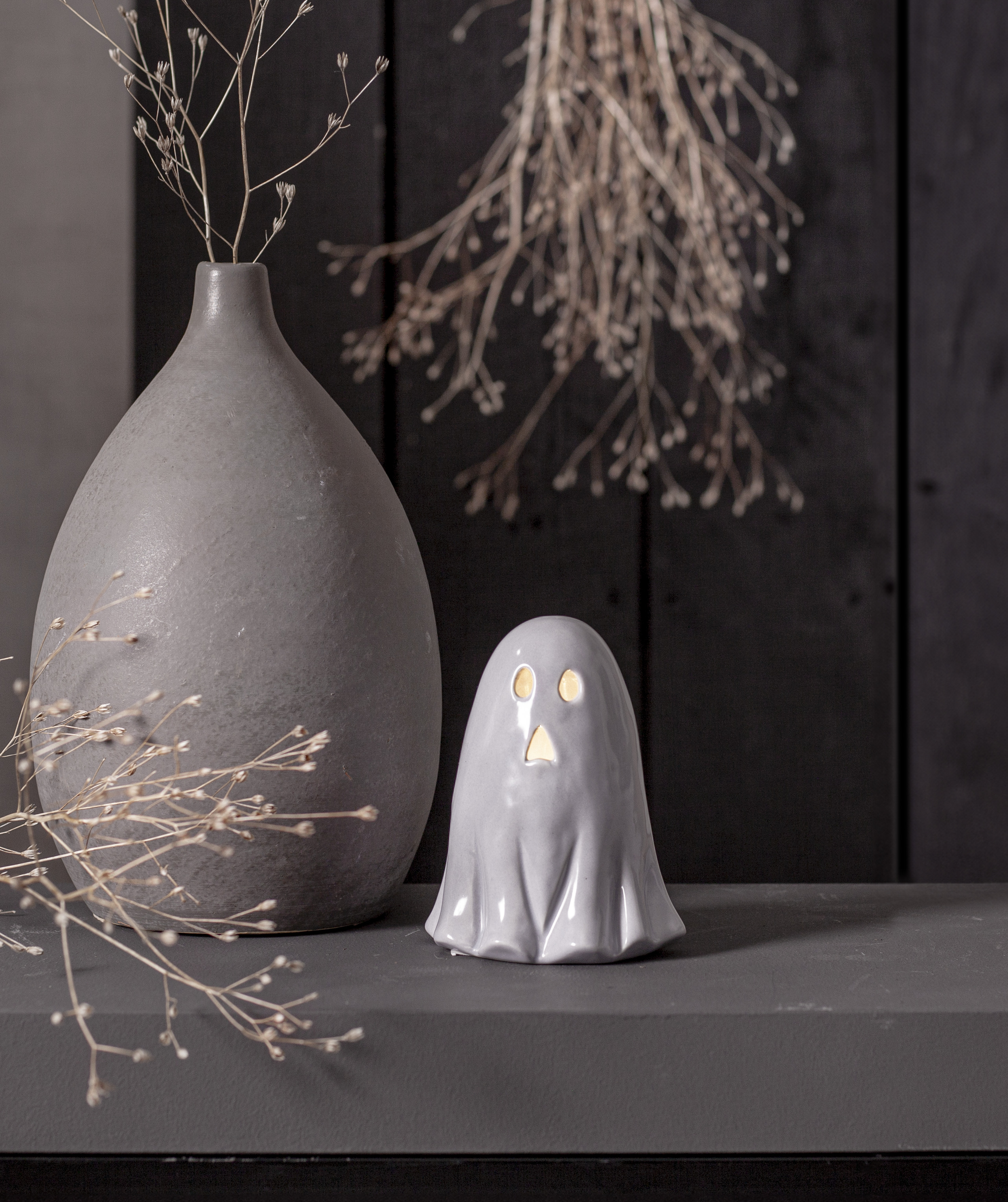 Ghost - Spöke med belysning - Ljusgrå Keramik - Batteridriven - 4