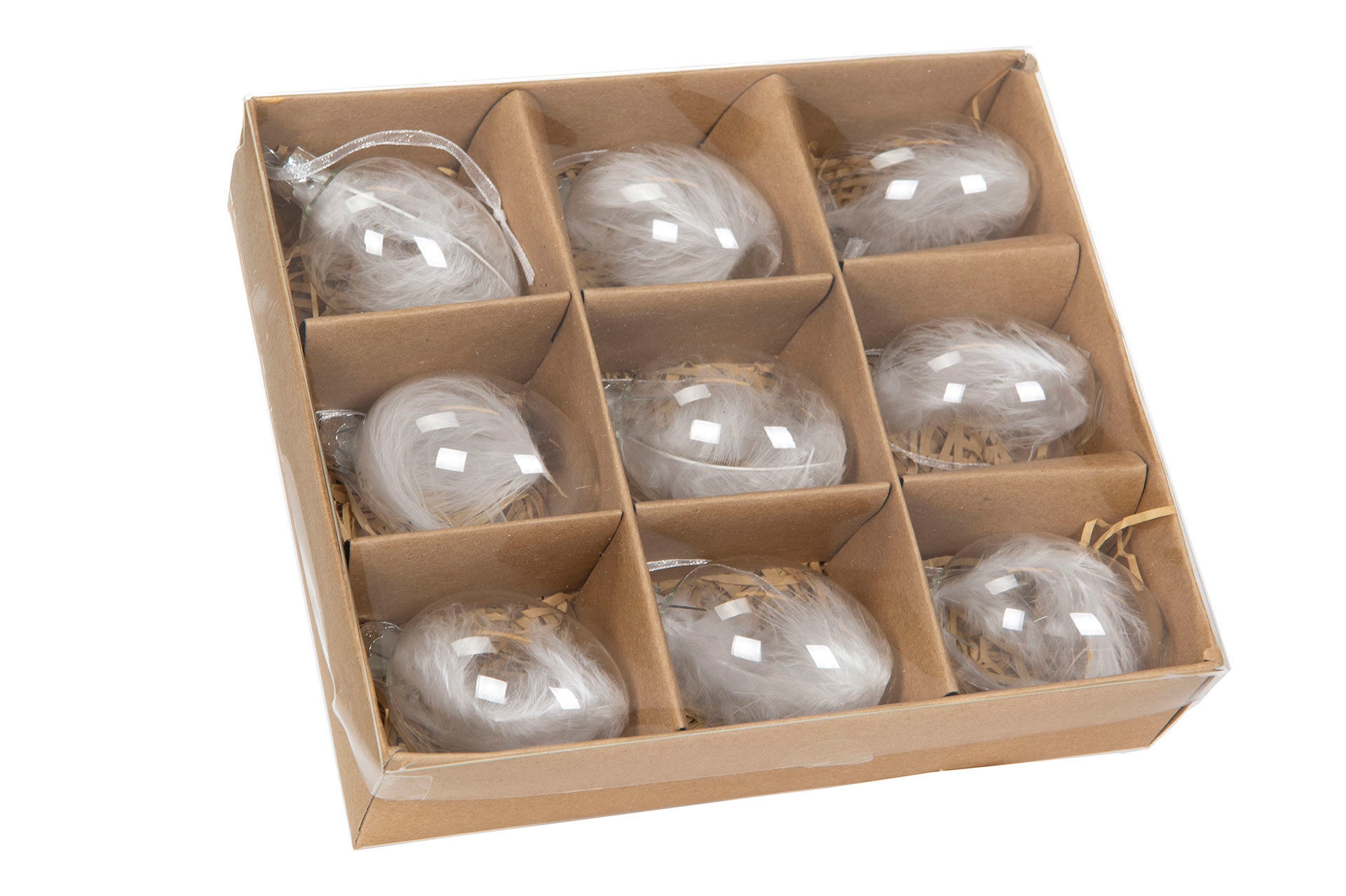 Glasägg med hänge - Vita fjädrar - 9-pack - 4