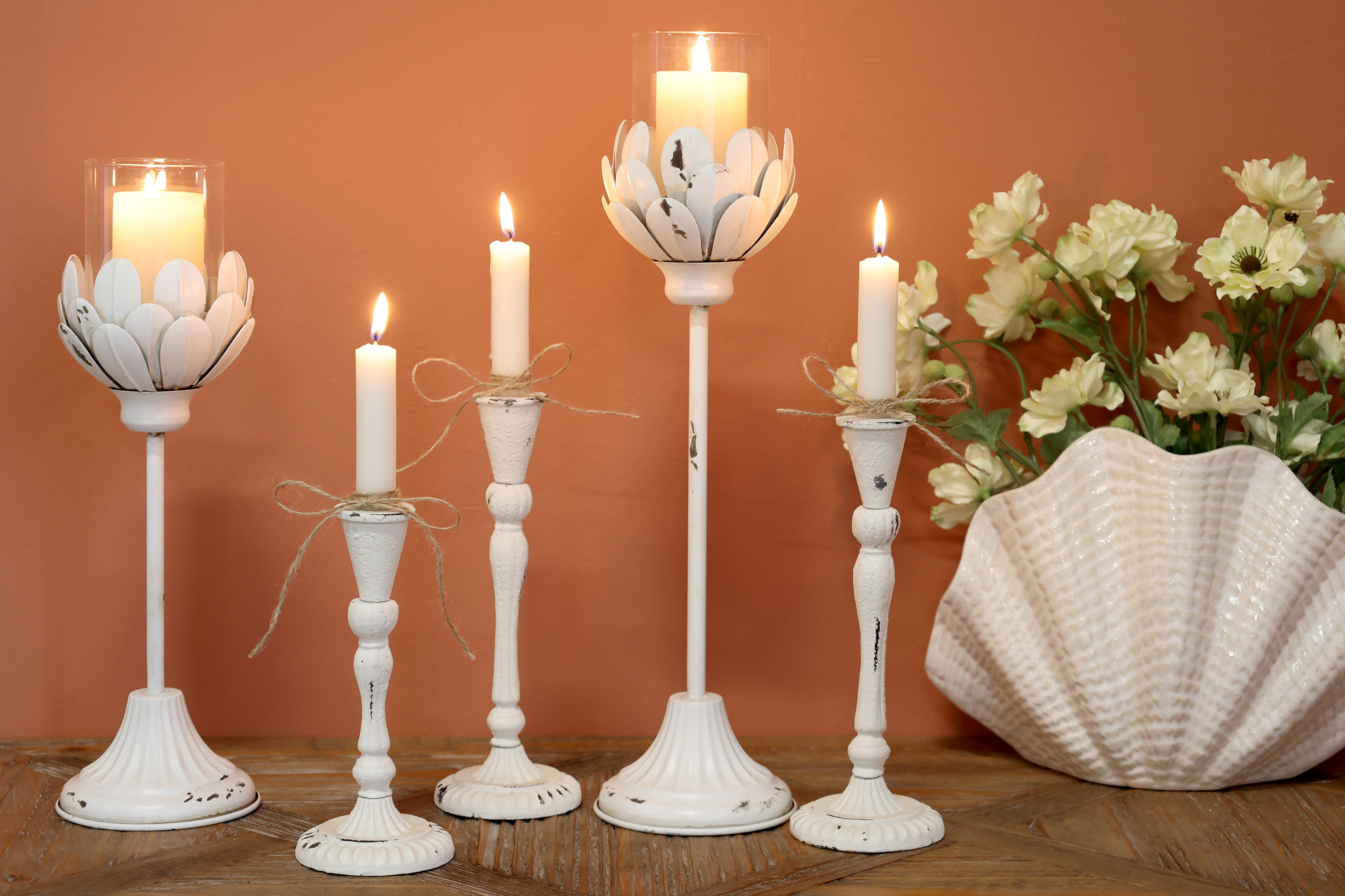 Lantern Candlestick on foot - Antique white/Cream - 43x12 cm - 6