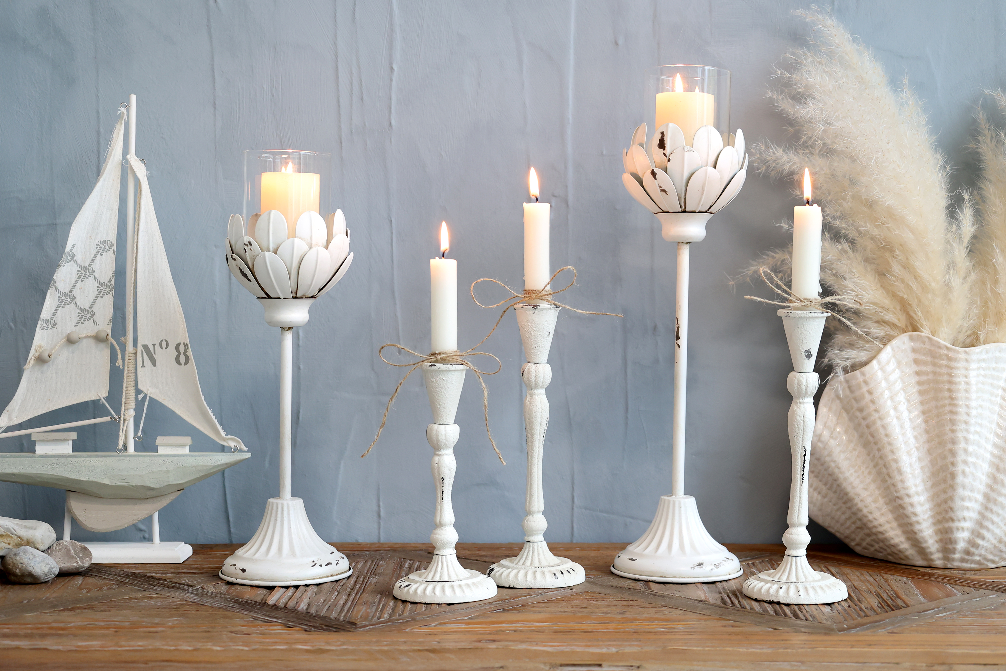 Lantern Candlestick on foot - Antique white/Cream - 43x12 cm - 5