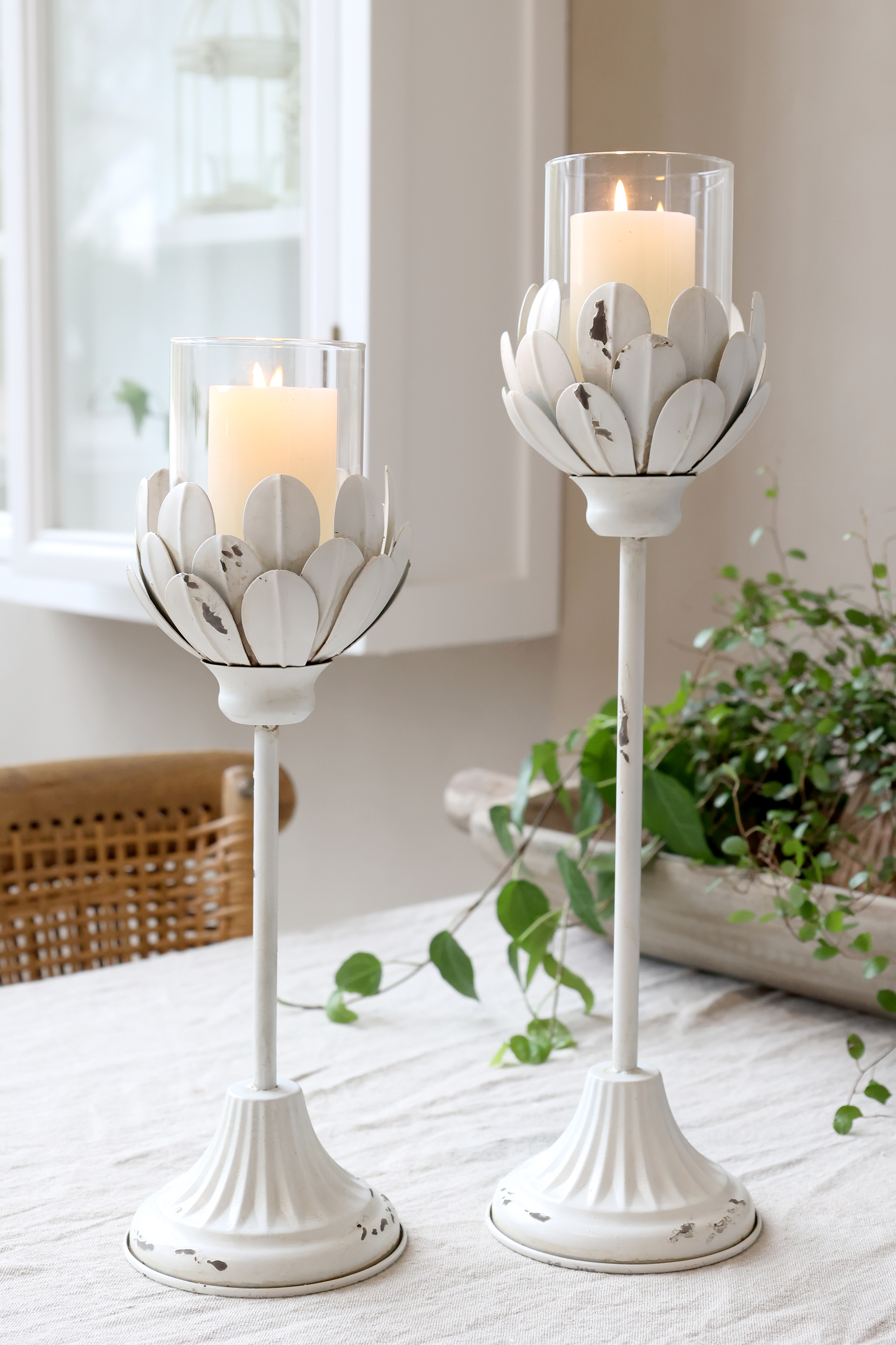 Lantern Candlestick on foot - Antique white/Cream - 43x12 cm - 4