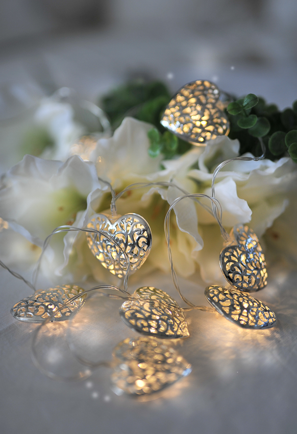 String lights 10 pcs. Hearts - Silver - Battery-powered - Timer - 2