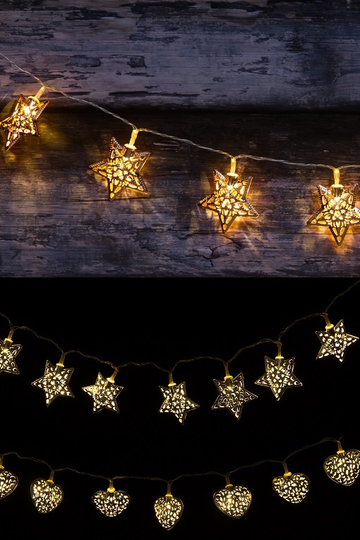 String lights 10 pcs. Hearts - Silver - Battery-powered - Timer - 6