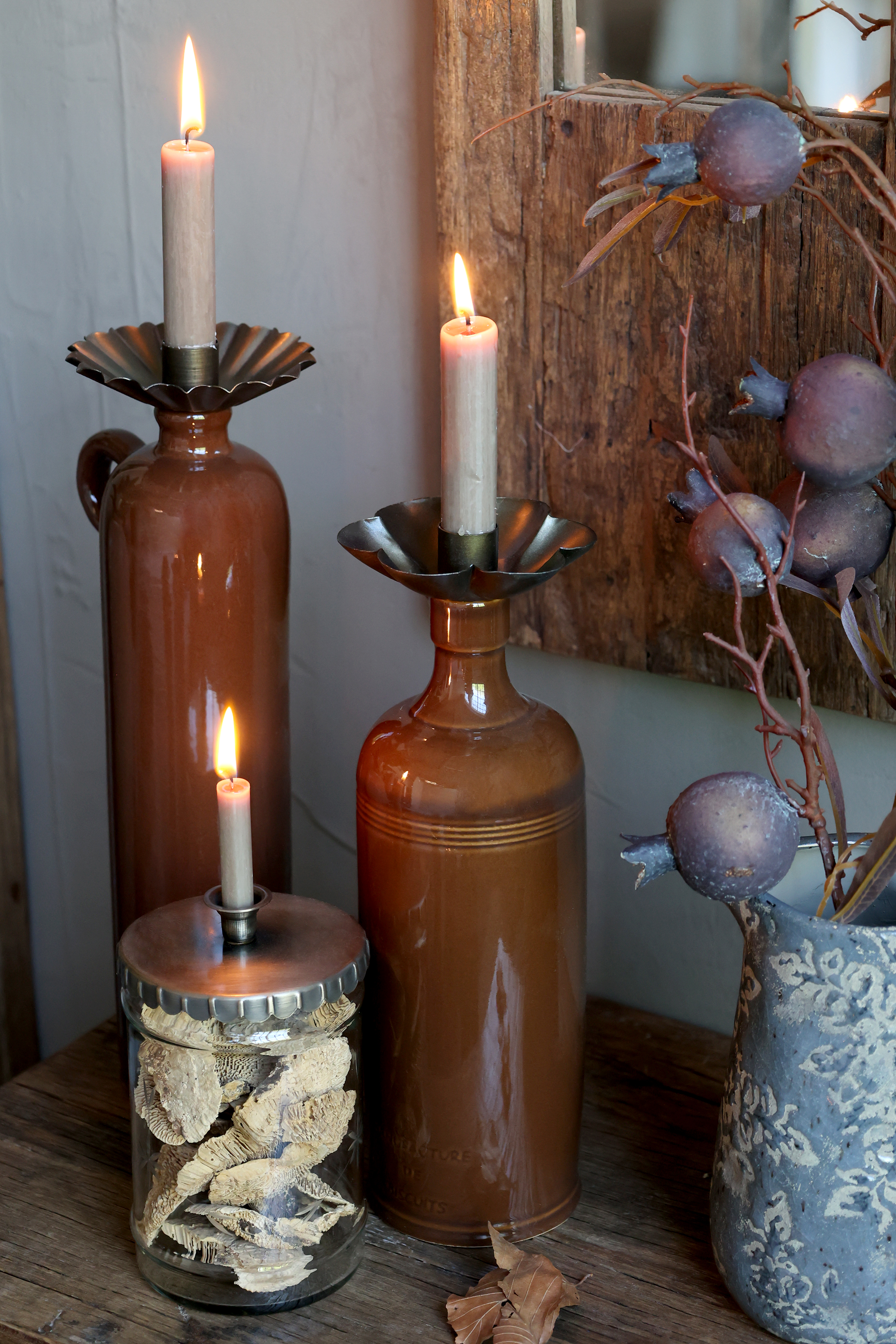 Candle holder for bottle - Flower - Antique Brass - H9.5/Ø6 cm - 2
