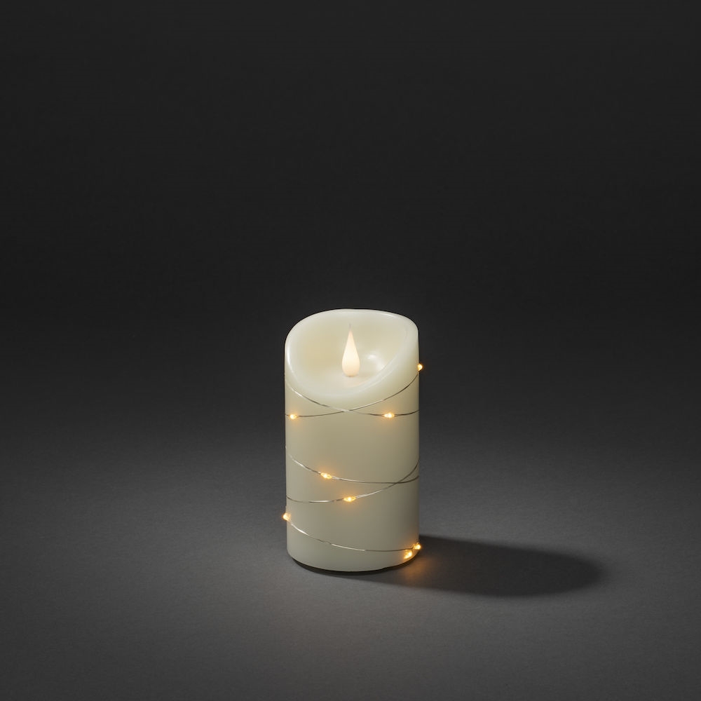 Battery-powered candle with string lights - Block candle - Wax candle - Cream white - Timer - 7.5x13.5cm - 4