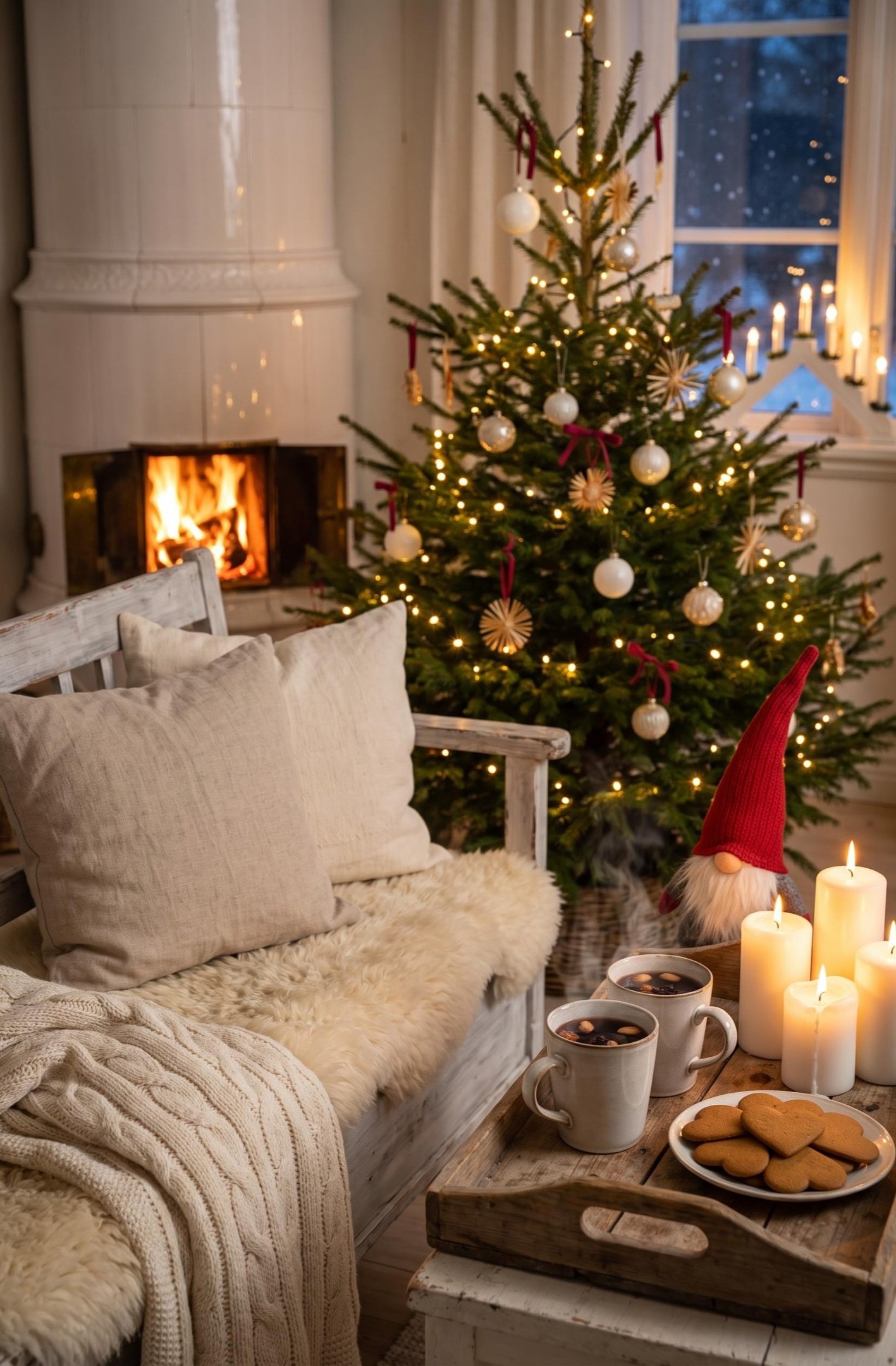 Cosy rustic Christmas corner with a white tiled stove, lit tree, sheepskin, knitted throw, glögg, gingerbread and glowing candles