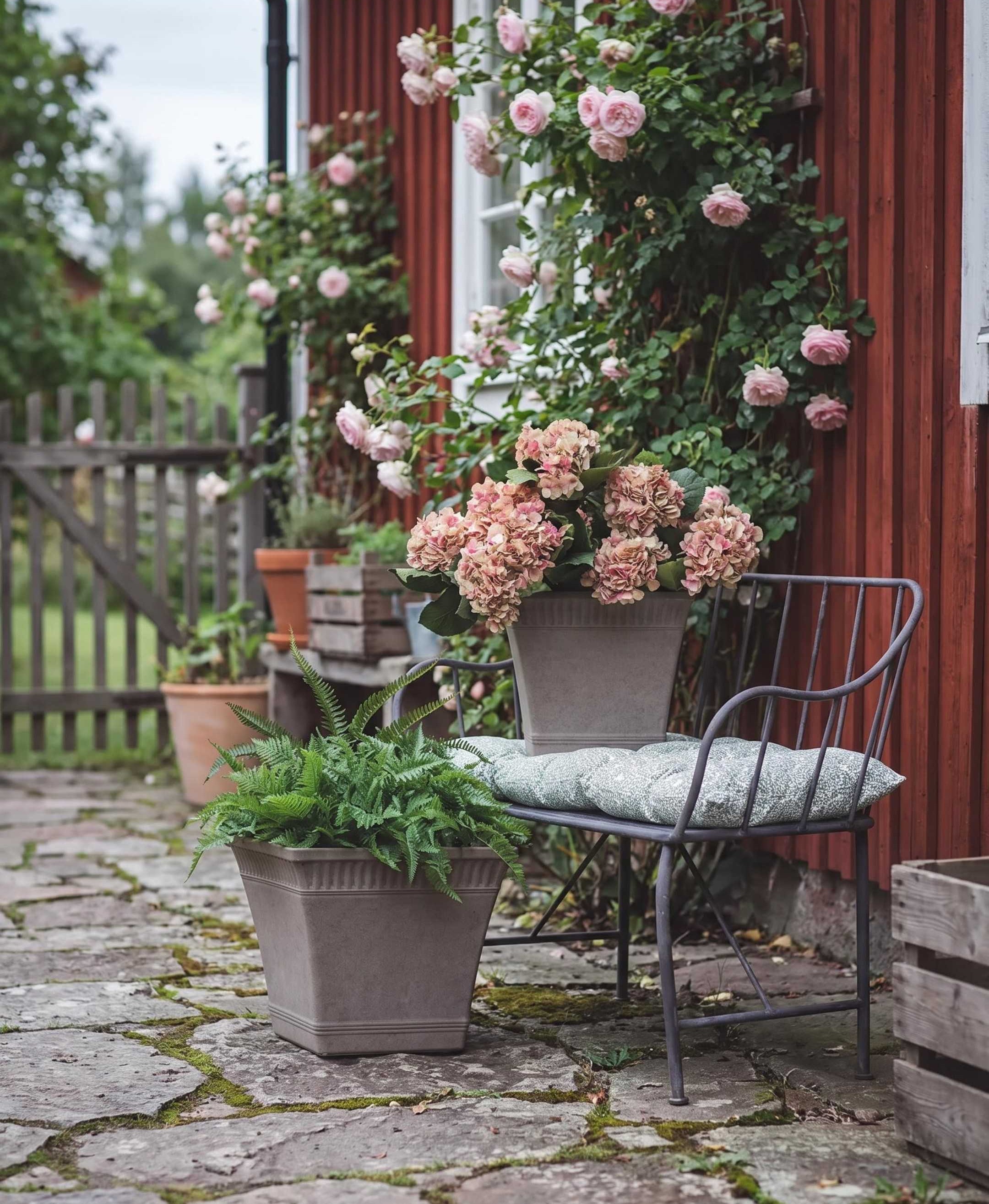 A rustic grey metal bench holding a taupe planter with pink hydrangeas, next to a second taupe planter with a fern, set on a flagstone patio against a Falu red wooden cottage wall.