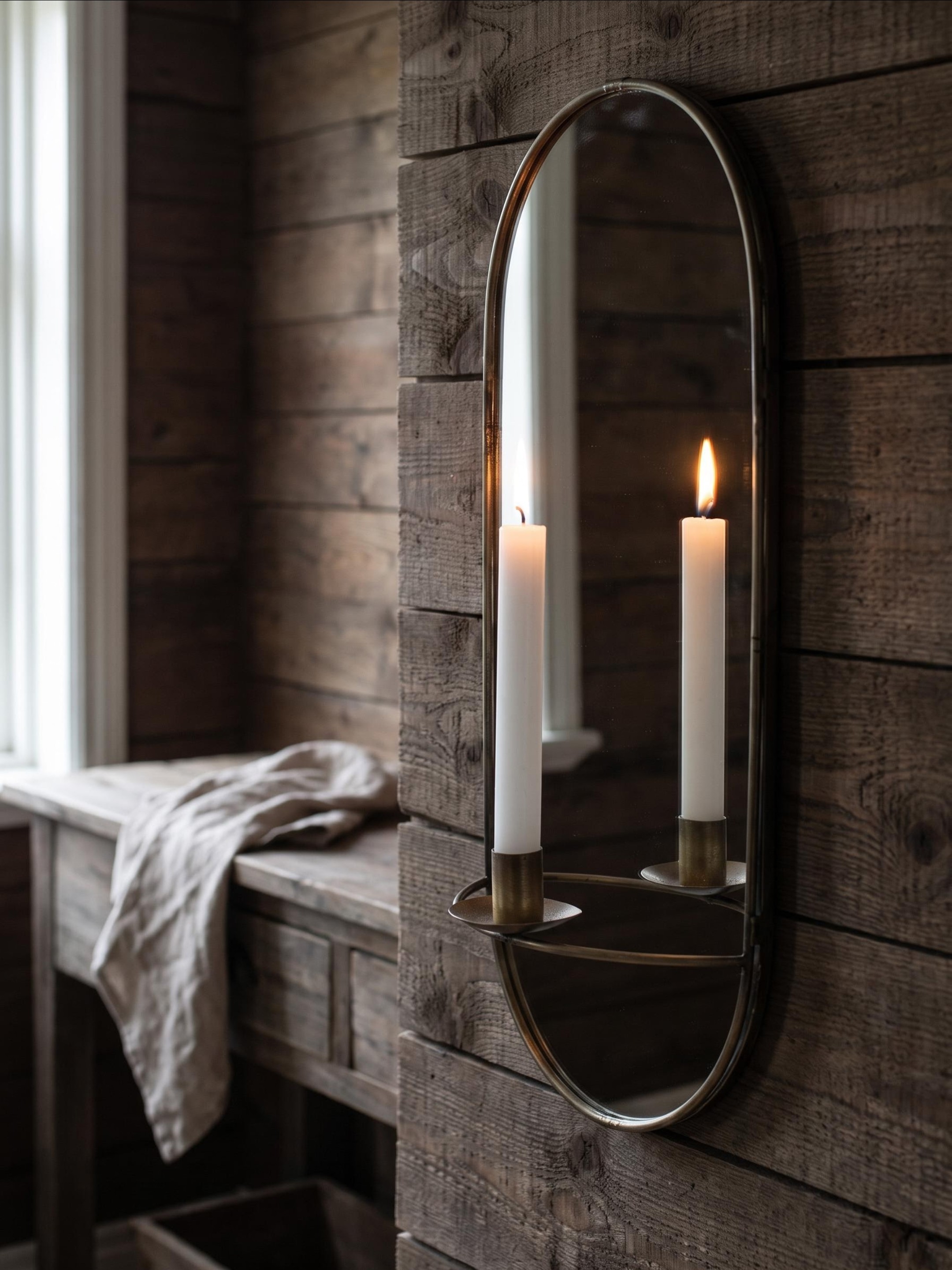 Oval Strömshaga brass wall mirror with an integrated candle holder and a lit white taper candle, mounted on a rustic wooden wall.