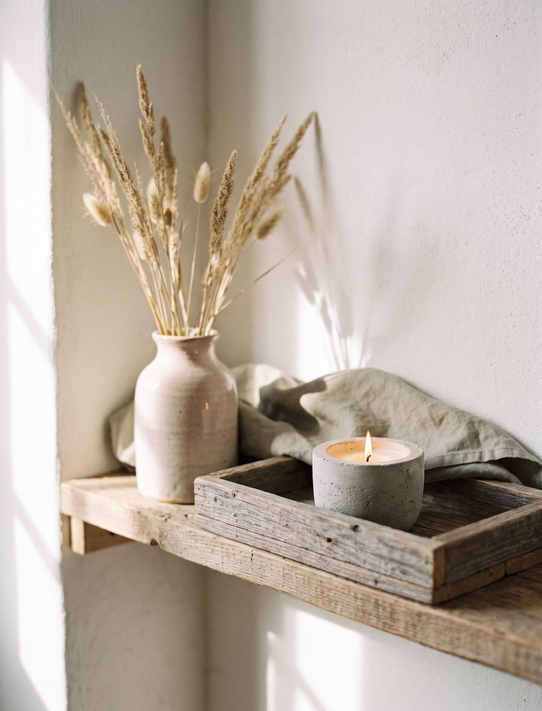 Rustic home decor on a wooden shelf featuring a ceramic vase filled with dried ornamental grass. A lit candle in a concrete holder sits on a small wooden tray over draped linen fabric in warm sunlight.