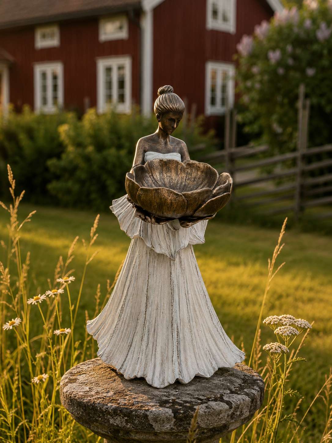 A decorative garden statue of a woman in a white dress holding a bronze lotus bowl birdbath, standing on a stone pedestal in a sunny garden with a traditional Swedish red house in the background.