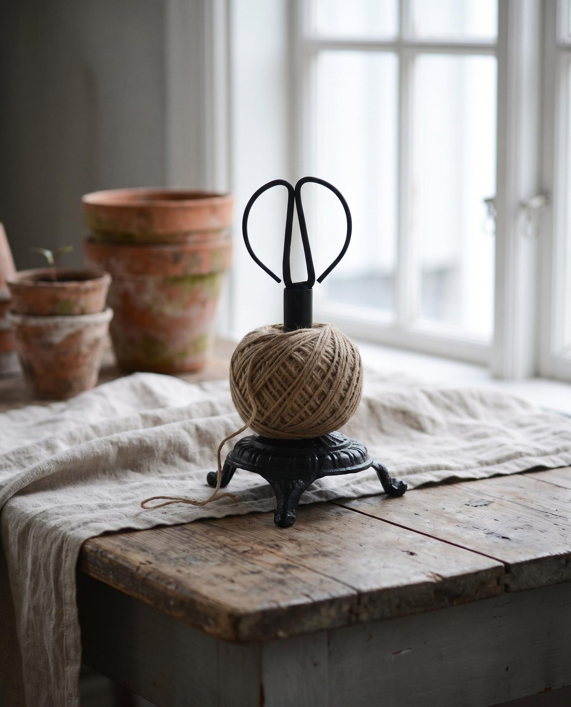 Vintage-style cast iron string holder with scissors and a ball of natural jute twine resting on a rustic wooden table by a window.
