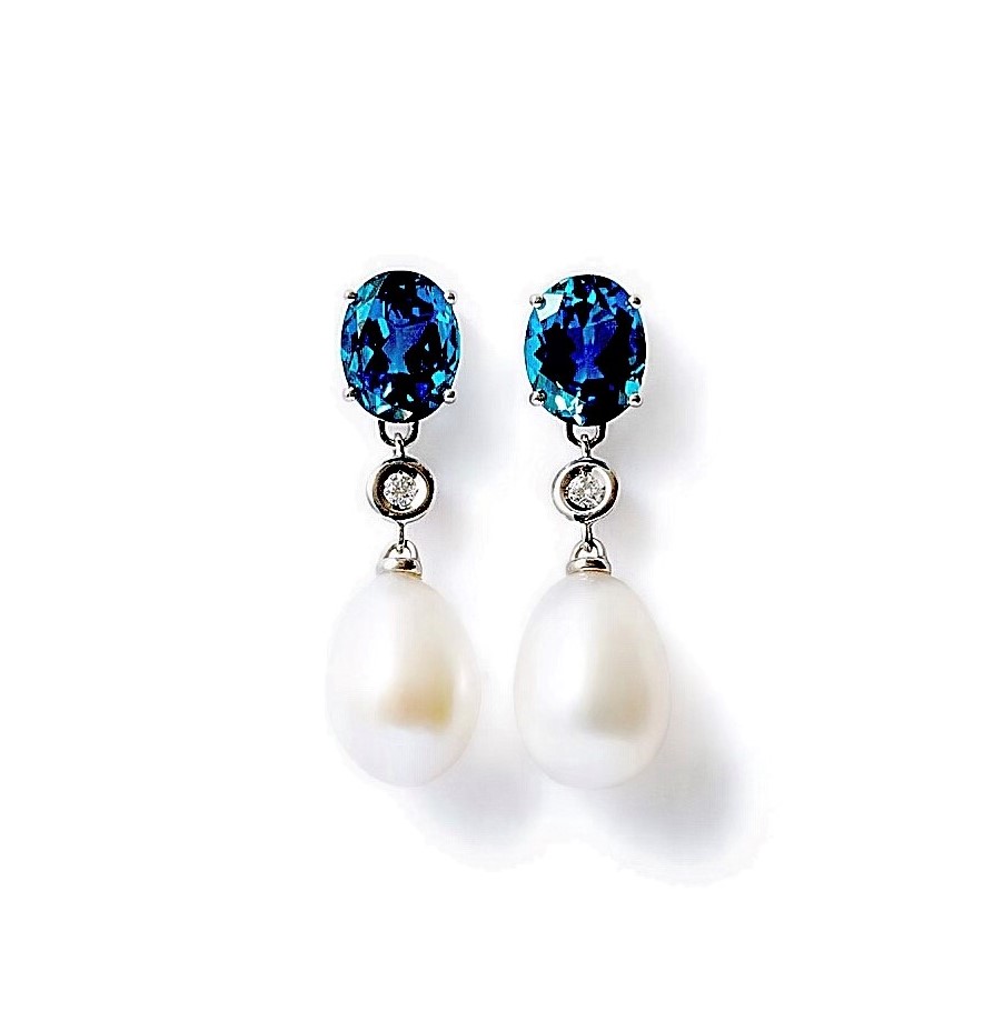 London Blue topaz pearl earrings with diamonds
