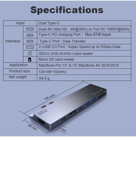  QGeeM Dockningsstation USB-C, 8 in 1  (MacBook Pro) 2xskärm - 19
