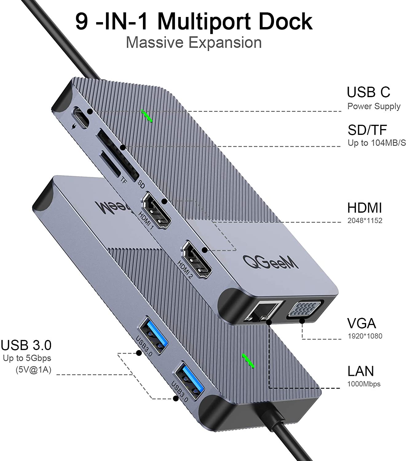  QGeeM Dockningsstation USB C  3.0 till dubbel HDMI VGA-adapter, 3xskärm - 2