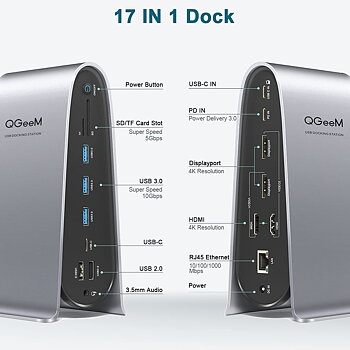 QGeem Dockningsstation 17 i 1 USB 3.0 Universal Laptop 4xskärm