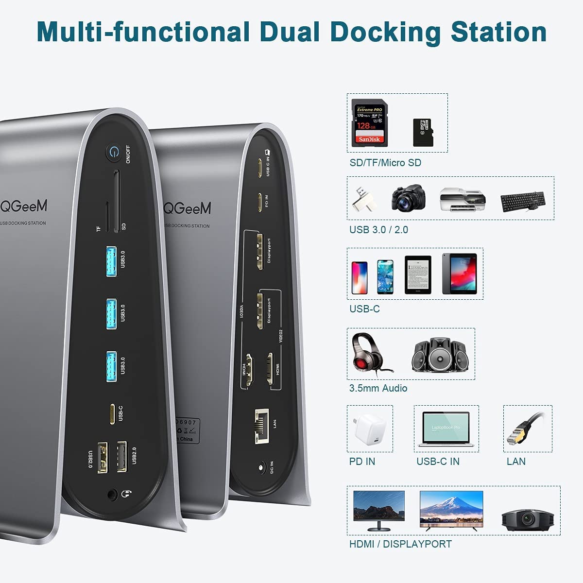 QGeem Dockningsstation 17 i 1 USB 3.0 Universal Laptop 4xskärm - 4