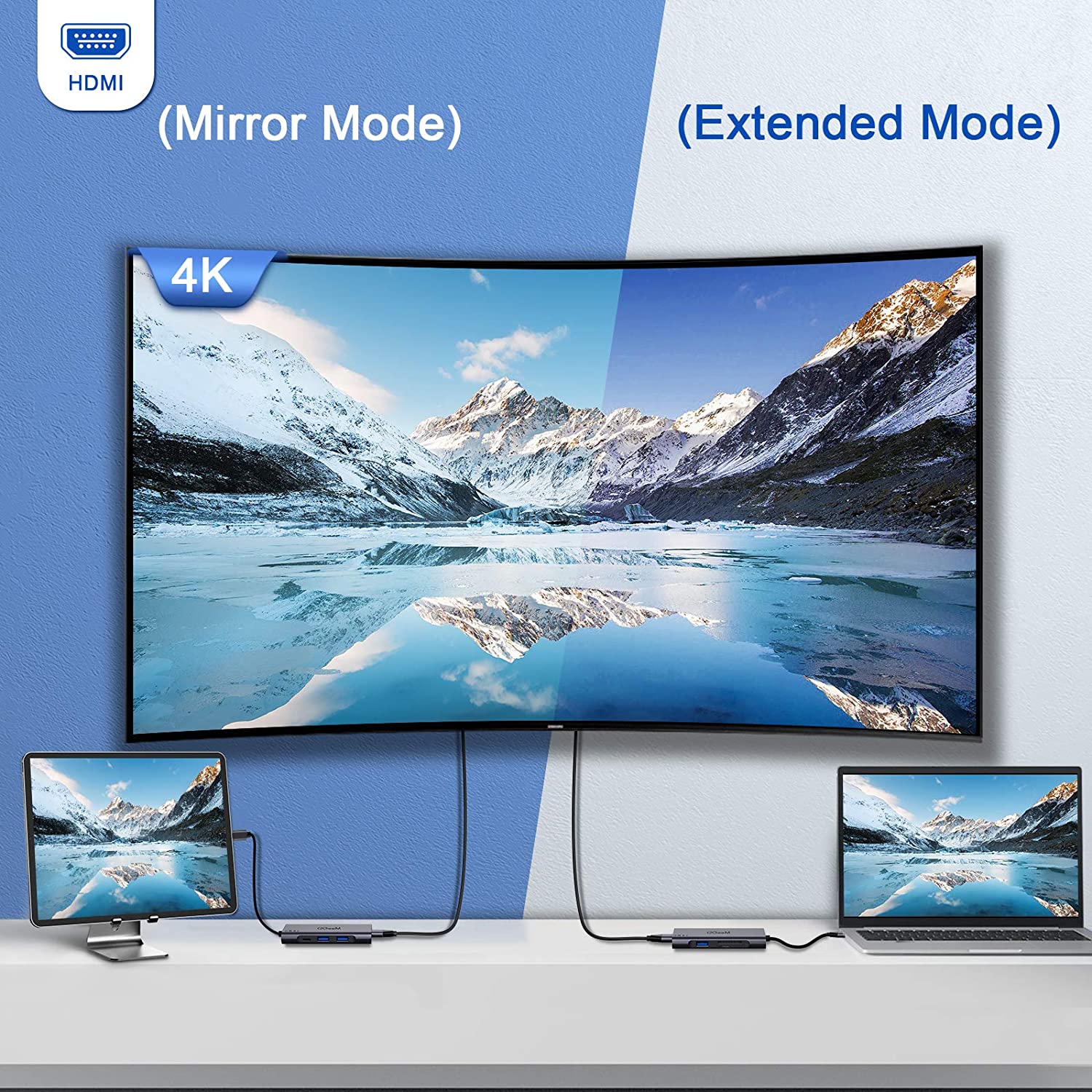 QGeeM Dockningsstation 7-i-1 typ USB-C till HDMI 4K, 3 USB 3.0-portar, 100 W strömförsörjning, SD/TF-kortläsare - 4