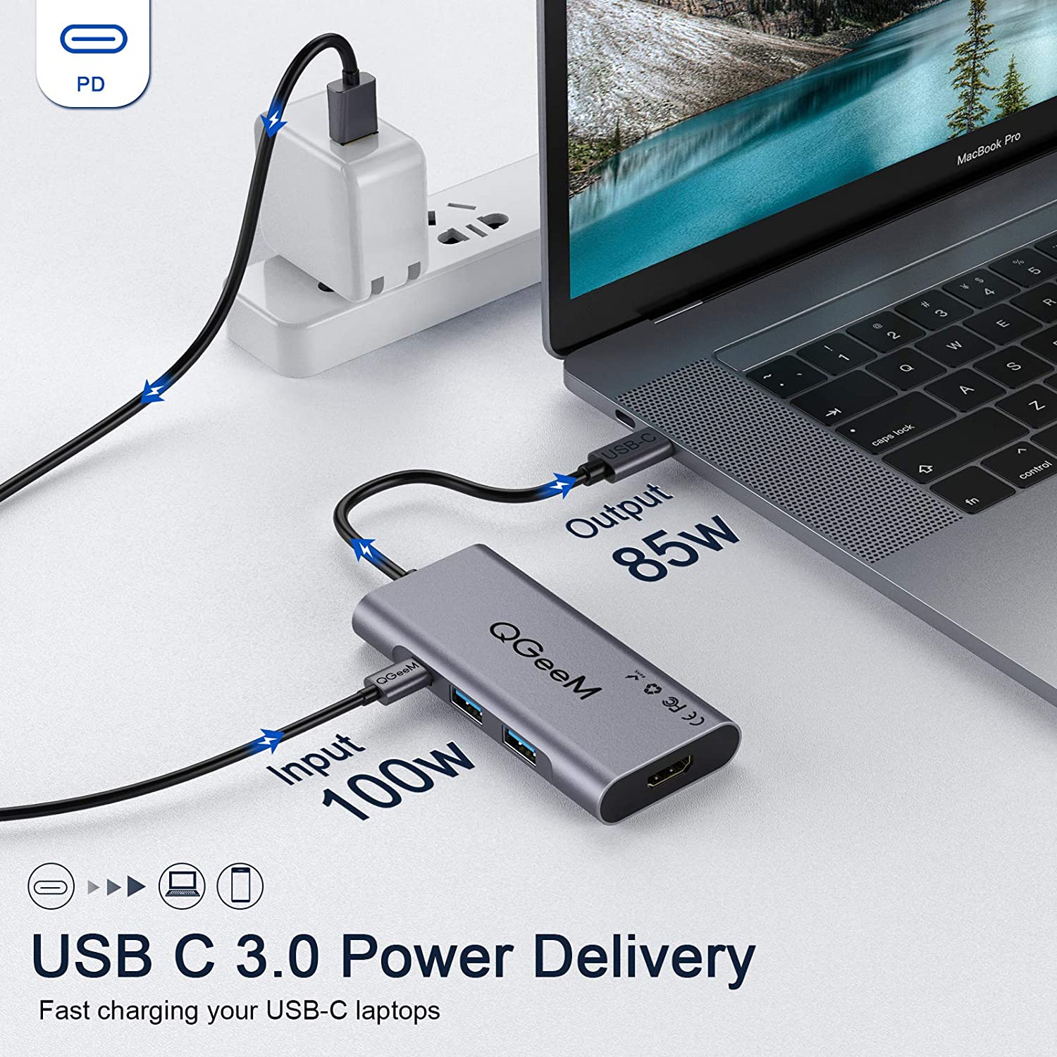 QGeeM Dockningsstation 7-i-1 typ USB-C till HDMI 4K, 3 USB 3.0-portar, 100 W strömförsörjning, SD/TF-kortläsare - 6