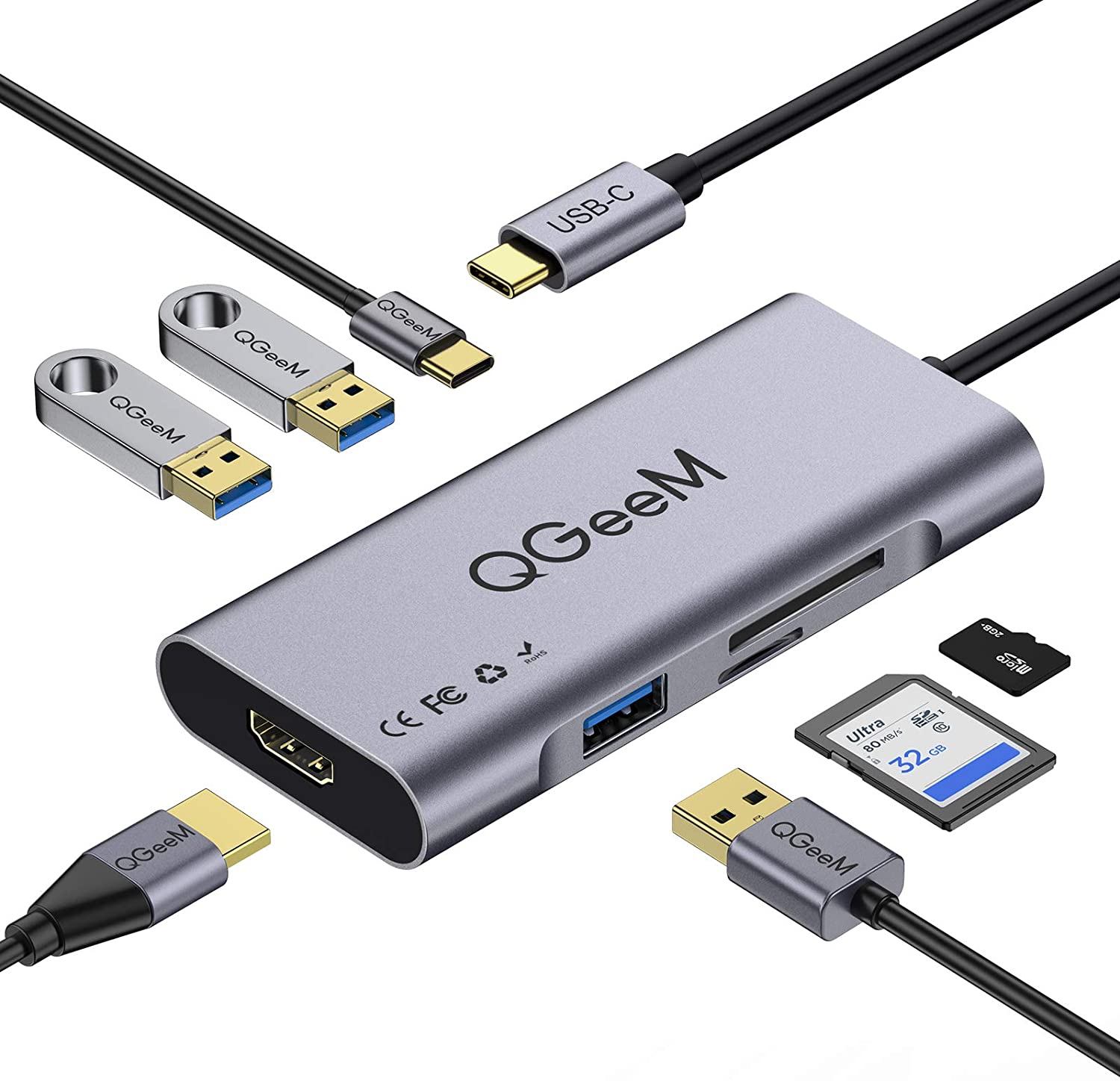 QGeeM Dockningsstation 7-i-1 typ USB-C till HDMI 4K, 3 USB 3.0-portar, 100 W strömförsörjning, SD/TF-kortläsare