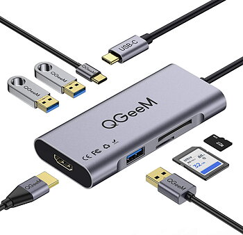 QGeeM Dockningsstation 7-i-1 typ USB-C till HDMI 4K, 3 USB 3.0-portar, 100 W strömförsörjning, SD/TF-kortläsare