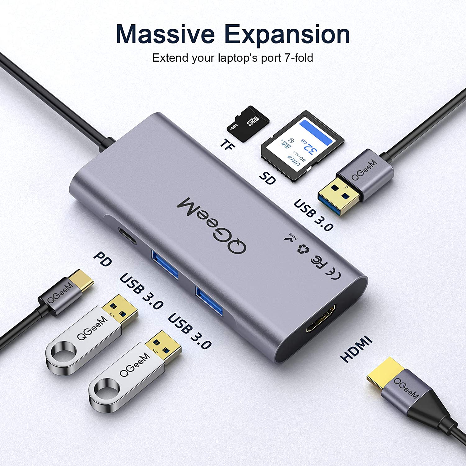 QGeeM Dockningsstation 7-i-1 typ USB-C till HDMI 4K, 3 USB 3.0-portar, 100 W strömförsörjning, SD/TF-kortläsare - 2