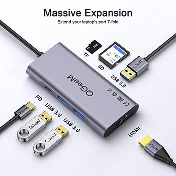 QGeeM Dockningsstation 7-i-1 typ USB-C till HDMI 4K, 3 USB 3.0-portar, 100 W strömförsörjning, SD/TF-kortläsare