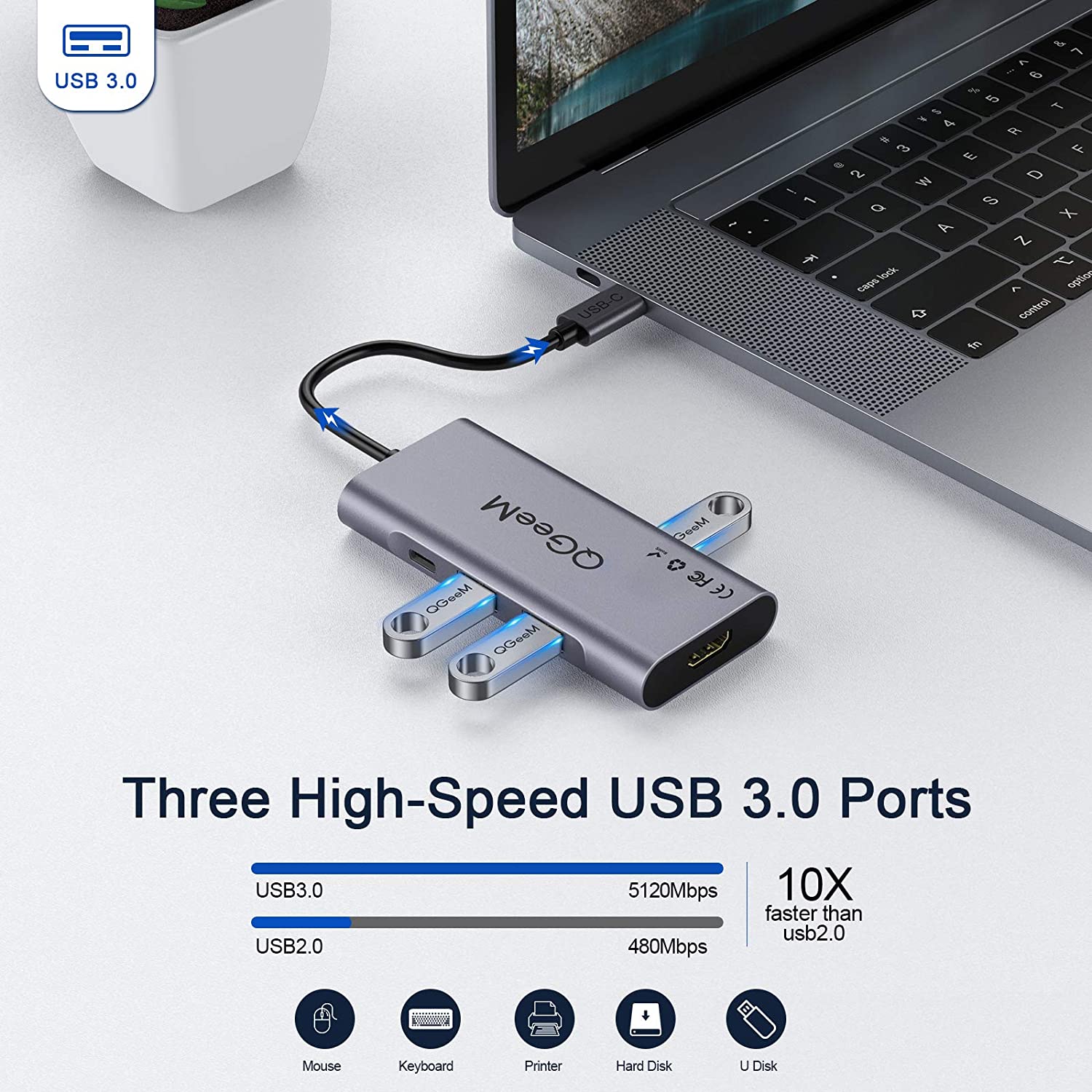 QGeeM Dockningsstation 7-i-1 typ USB-C till HDMI 4K, 3 USB 3.0-portar, 100 W strömförsörjning, SD/TF-kortläsare - 3