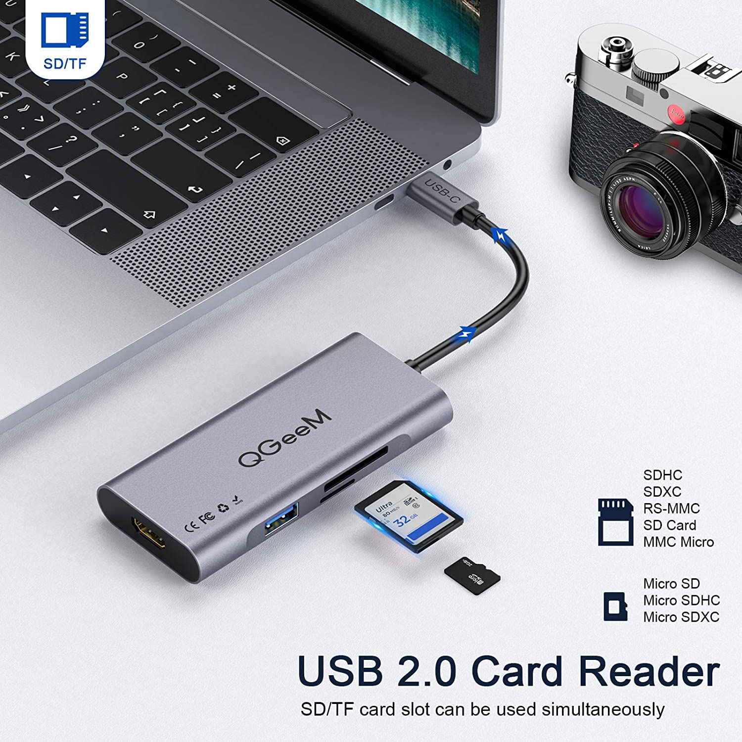 QGeeM Dockningsstation 7-i-1 typ USB-C till HDMI 4K, 3 USB 3.0-portar, 100 W strömförsörjning, SD/TF-kortläsare - 5