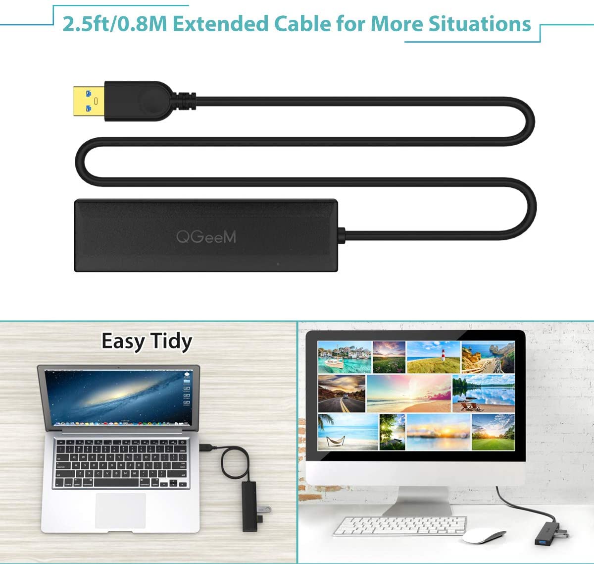 QGeeM Dockningsstation USB 3.0 ultrasmal data USB-hub, 3-portars USB 3.0 och SD- och TF-kortläsarnav med 0,8 m utökad kabel kompatibel - 7
