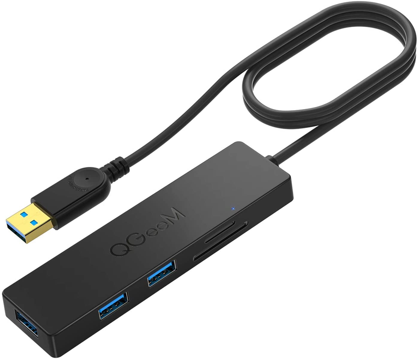 QGeeM Dockningsstation USB 3.0 ultrasmal data USB-hub, 3-portars USB 3.0 och SD- och TF-kortläsarnav med 0,8 m utökad kabel kompatibel