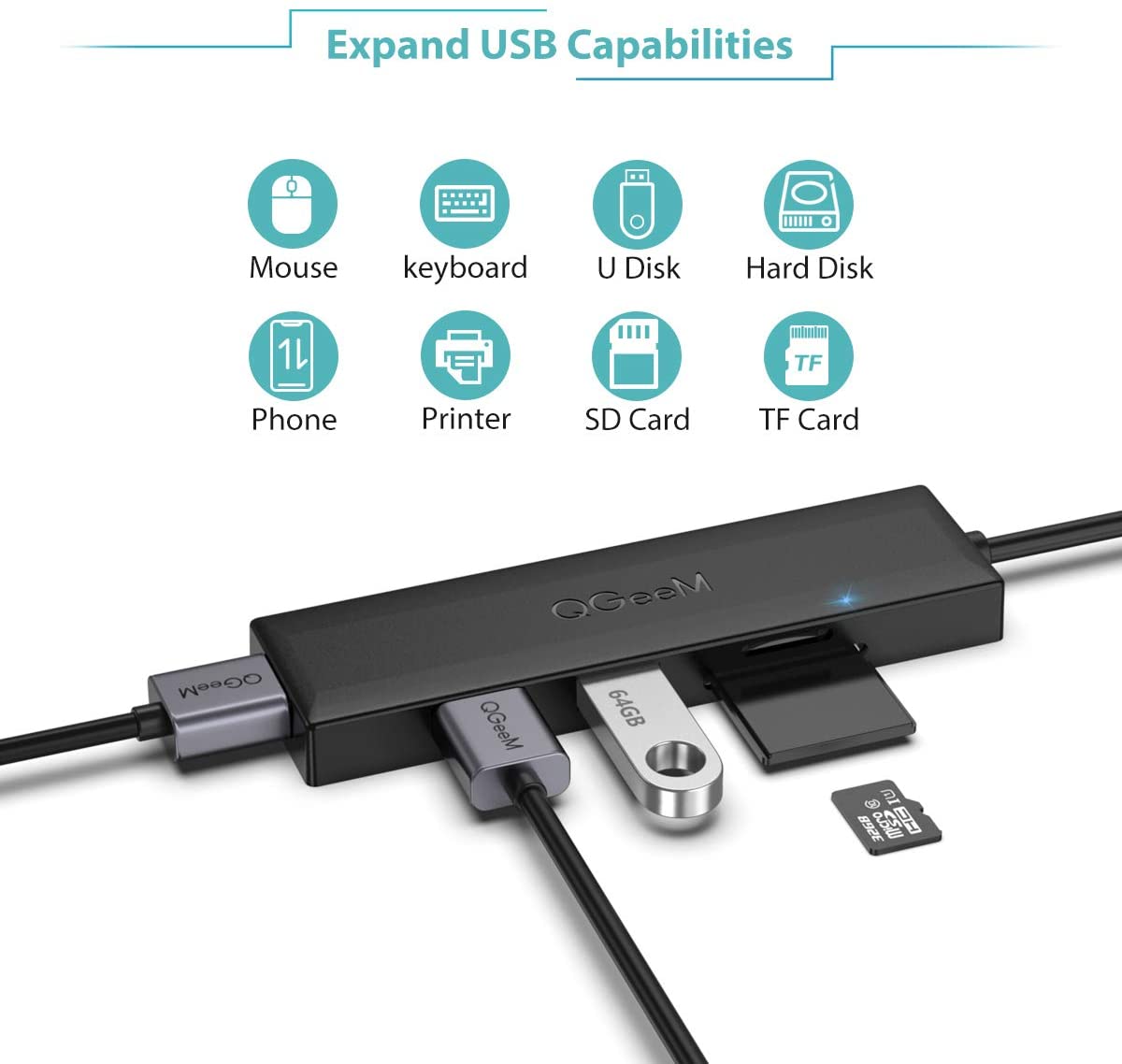 QGeeM Dockningsstation USB 3.0 ultrasmal data USB-hub, 3-portars USB 3.0 och SD- och TF-kortläsarnav med 0,8 m utökad kabel kompatibel - 2