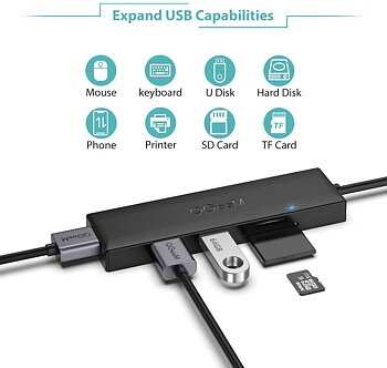QGeeM Dockningsstation USB 3.0 ultrasmal data USB-hub, 3-portars USB 3.0 och SD- och TF-kortläsarnav med 0,8 m utökad kabel kompatibel