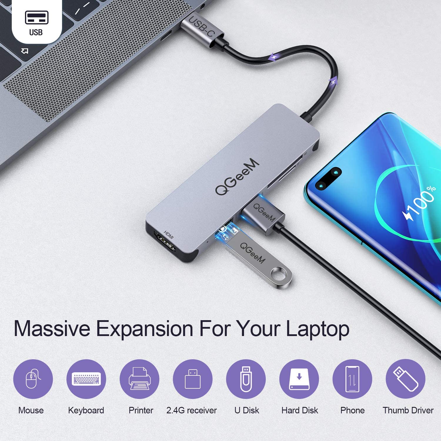 QGeeM Dockningsstation, 5-i-1 USB C  - 6