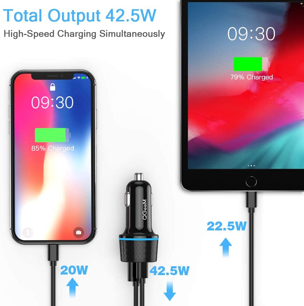 QGeeM Billaddare, USB c och USB A,  2-portars ,  42,5W - 4