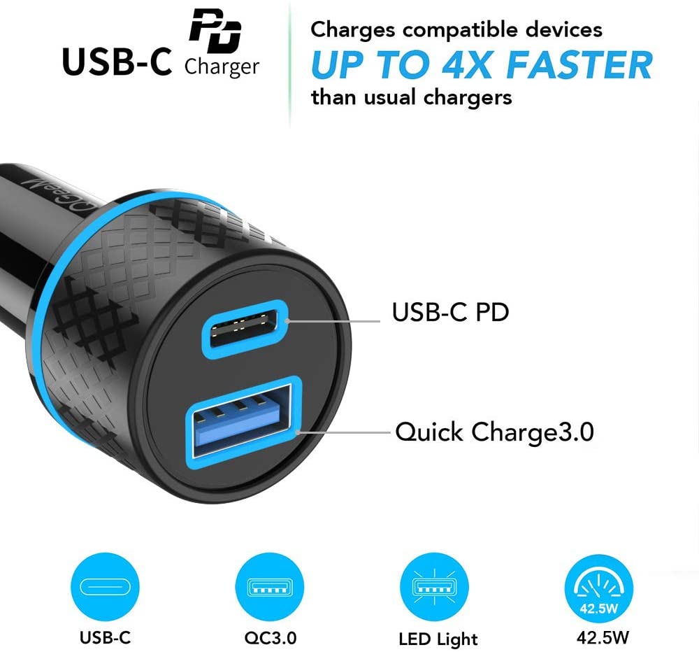 QGeeM Billaddare, USB c och USB A,  2-portars ,  42,5W - 7