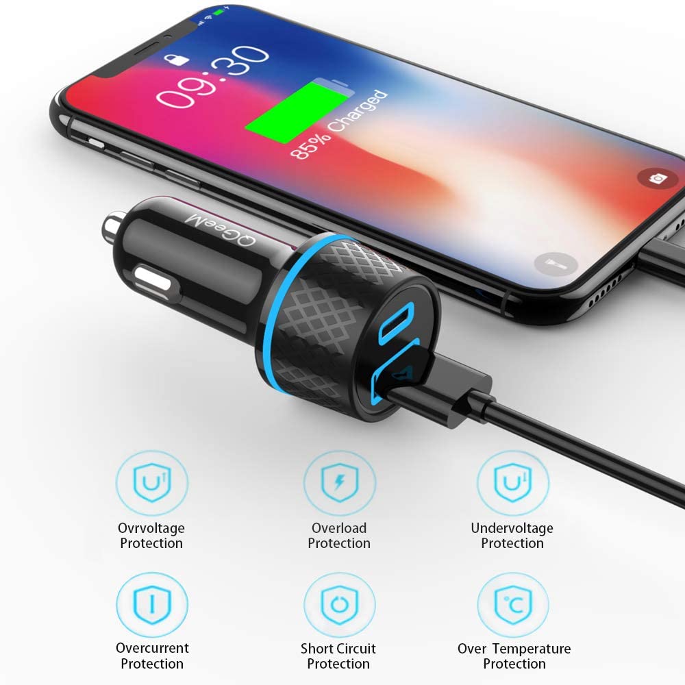 QGeeM Billaddare, USB c och USB A,  2-portars ,  42,5W - 6