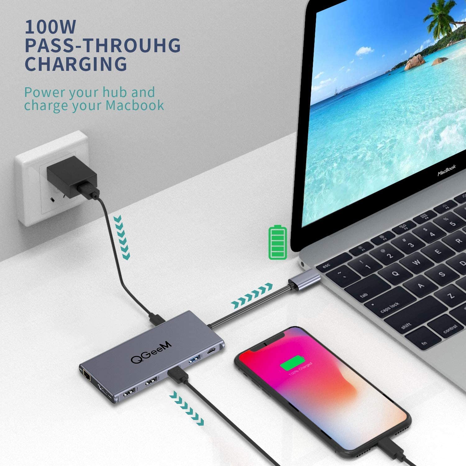  QGeeM Dockningsstation, USB C Hub, 12-i-1 4k60Hz, 3xskärm - 9