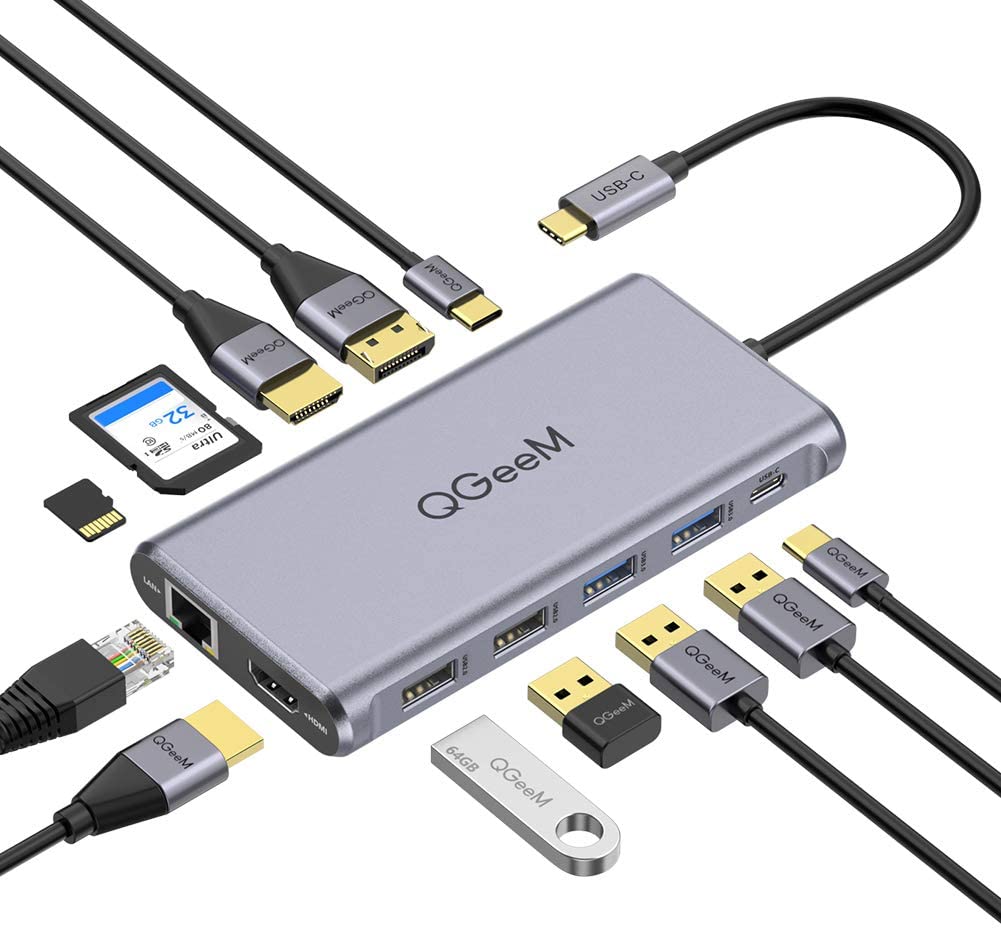  QGeeM Dockningsstation, USB C Hub, 12-i-1 4k60Hz, 3xskärm