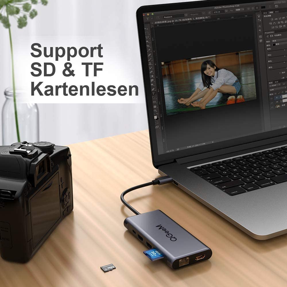  QGeeM Dockningsstation, USB C Hub, 12-i-1 4k60Hz, 3xskärm - 5