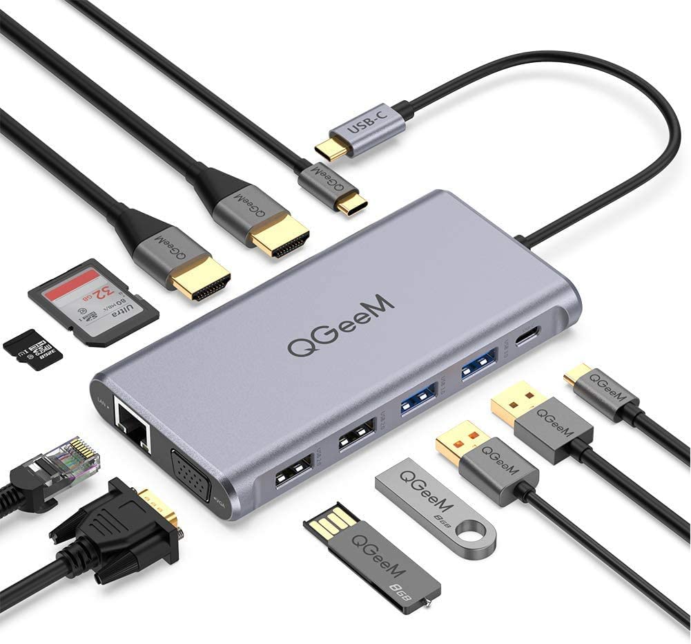 QGeeM Dockningsstation USB-C, 12-i-1, 4K60Hz 3xskärm