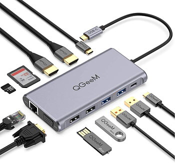 QGeeM Dockningsstation USB-C, 12-i-1, 4K60Hz 3xskärm