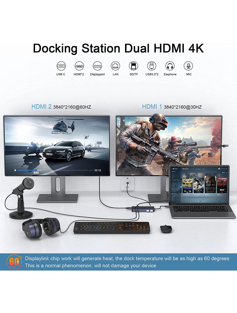  QGeeM Dockningsstation USB C, 11-i-1 4k60Hz, 3xskärm - 13