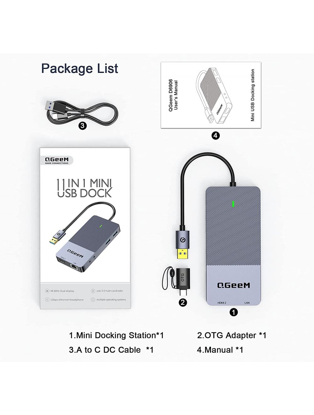  QGeeM Dockningsstation USB C, 11-i-1 4k60Hz, 3xskärm - 7