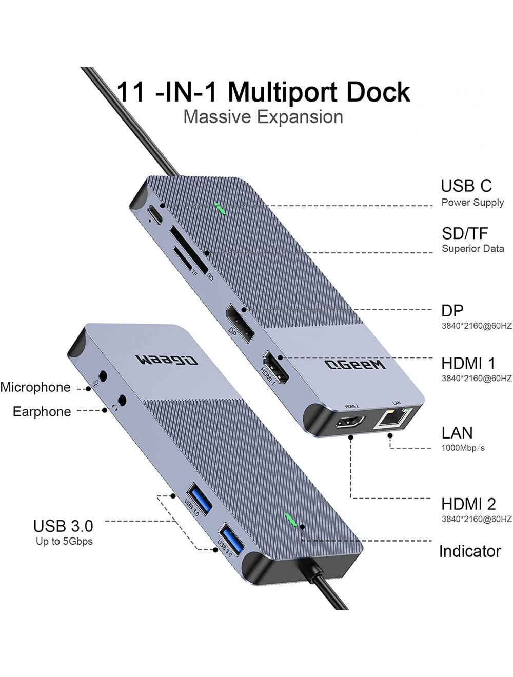  QGeeM Dockningsstation USB C, 11-i-1 4k60Hz, 3xskärm - 10