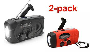 2-pack Svart och Röd Vevradio med Solceller, Ficklampa och 2000mAh Powerbank Nödradio